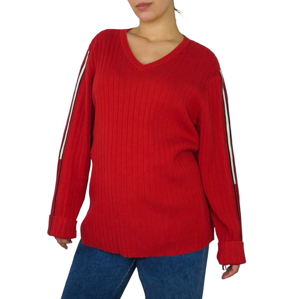1990s Vintage Tommy Hilfiger Sweater Red V-Neck Preppy Chunky Knit Sweater 2XL - Picture 3 of 5